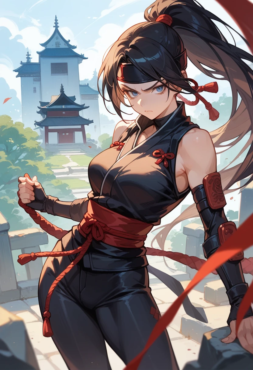 score_9, score_8_up, score_7_up, beauty ninja girl, high ponytail, black ninja outfit, Shuriken, serious face, Japanese castle in the background, 