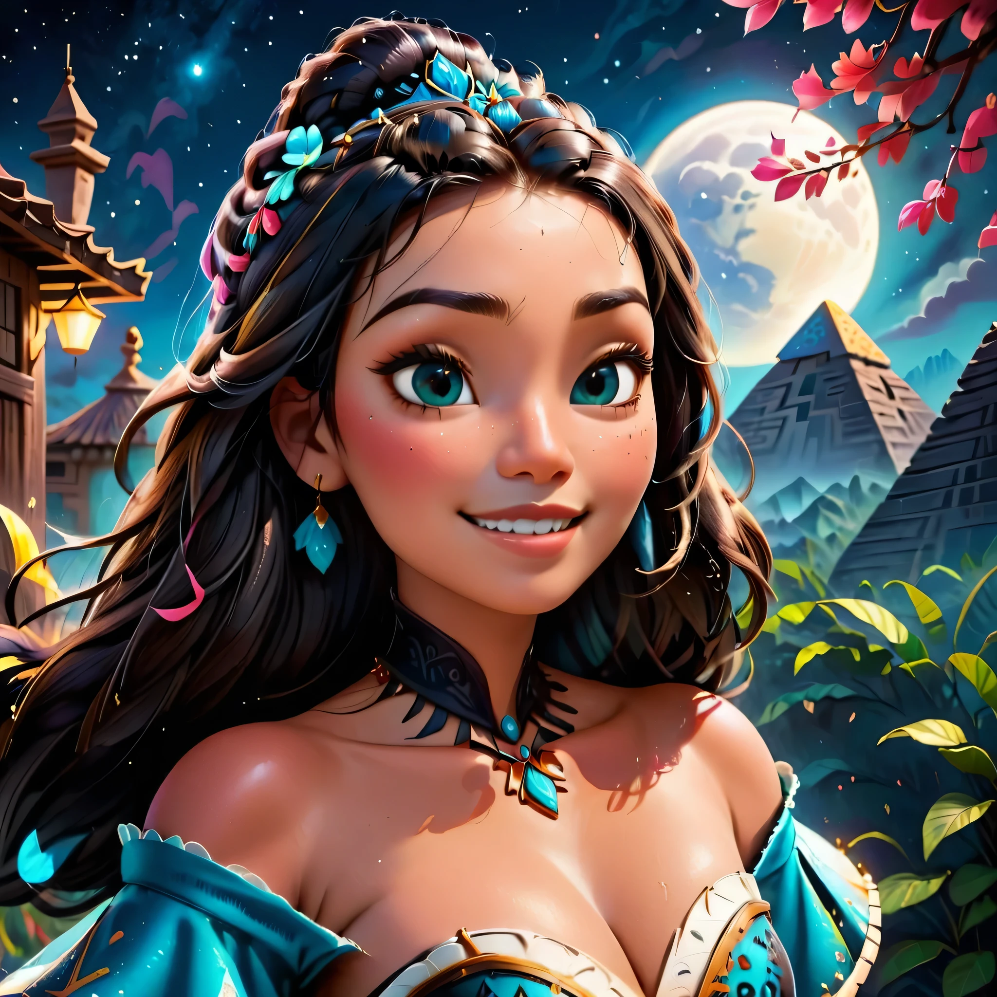  Princess Raya Disney version catrina , young,  female juvenile body , (0.5), extremely long hair , Hairstyle , dark brown color, Light brown eyes,  dressed in a strapless charro ,  with turquoise corcet gold decorations (0.5),  big breasts , smile, pink lips (0.5), compassionate look , painted the entire face in white ,  drawing of a half circle on the sides of the eye and filling with the color up to the height of the eye ,  painted the area with black shadow and complete the circle ,  a trace of petals and decorated lines around the eye frame and placing false eyelashes ,  I draw a diagonal line under the cheekbones ,  blurred downwards applying little by little more shade until reaching the jaw ,  painted the tip of the nose like a curve in black , labial azul en el centro de los labios en forma de corazón y proceder a pintar los dientes en forma de smile con pintura negra parte superior del cuerpo, walking at night (0.5), alone, starry sky ,  pyramid in a staggered shape ,  It has four sides ,  a rectangular platform 55 . 5 meters wide and 24 meters high .  Each side has 91 steps ,  2 volcanoes shining in the moonlight ,  Open mouth, alta resolución,  masterpiece , Anatómicamente correcto, necessary, la mejor calidad,  Awarded many times, Detail, Damaged, Details altos, HD model, quality,  high quality,  improvement, Retina, 