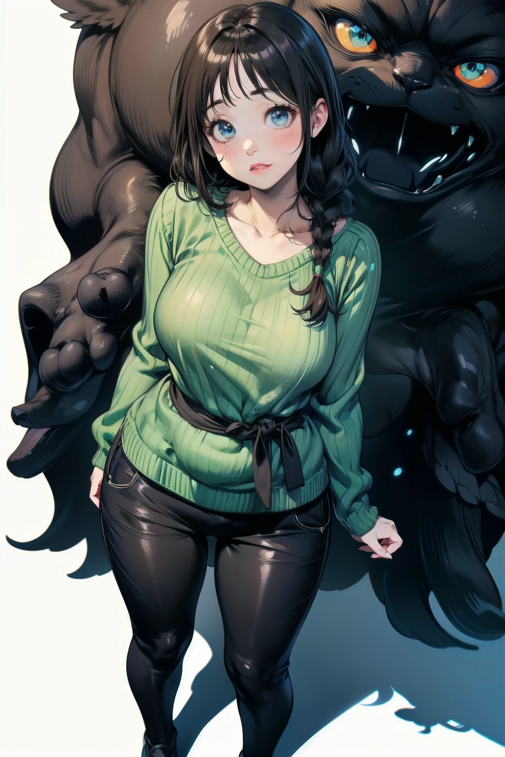 (A superb exquisite Chitanda Eru), (mature face), Japanese, sapphire eyes , long brown hair,  natural straight hair ,two braids, One, [small_ breast: big_ breast: 0.5], normal breast,  incomparable beautiful girl , dreamy quality, exaggerated facial features, monochromatic, gentle face, bright lips,  thin waist, straight curves, Soft light and shadows, supene, 8K HD, (masterpiece:1.4), ( finely detailed beautiful eyes: 1.2), full body, static pose, green sweater, dark pants, 1girl