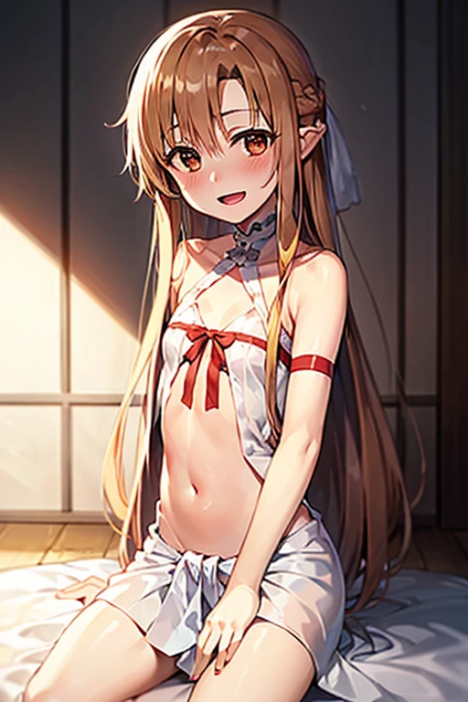 ((Best Quality)), ((masterpiece)), (be familiar with),  perfect face, indoor, bedroom,  watching viewers,
One woman, Yuuki Asuna,
 characters with open mouth ,  ecstatic expression , blush, smile,
Small breasts,  flat chest, , ,  kids, Girl,
Long Hair,  long hair,
Leg spread,