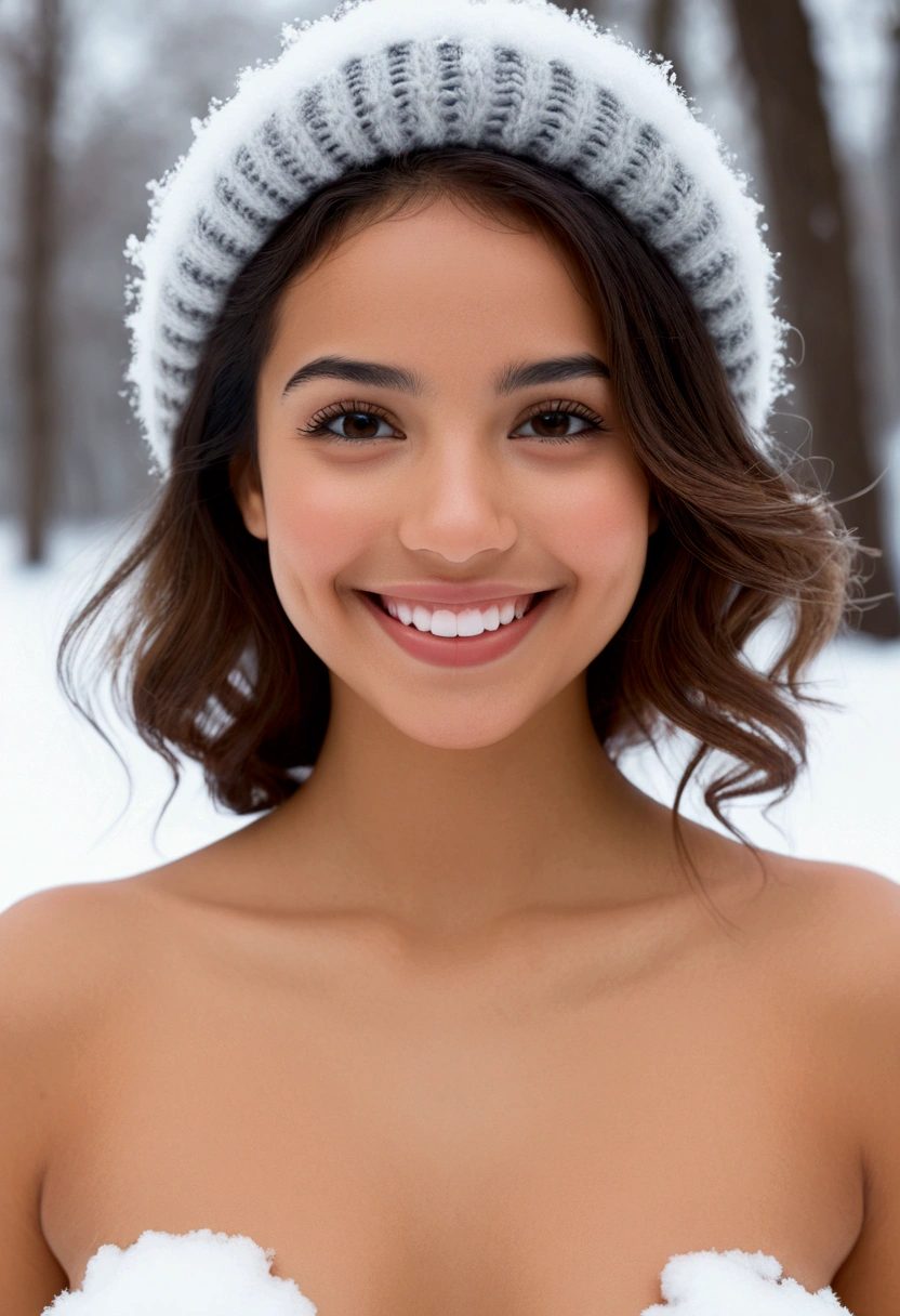 A photo of a pretty girl, front view, slim, smiling, naked, latina - SeaArt AI