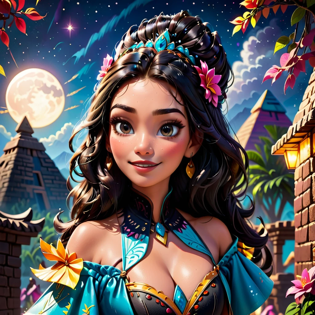  Princess Raya Disney version catrina , young,  female juvenile body , (0.5), extremely long hair , Hairstyle , dark brown color, Light brown eyes,  dressed in a strapless charro ,  with turquoise corcet gold decorations (0.5),  big breasts , smile, pink lips (0.5), compassionate look , painted the entire face in white ,  drawing of a half circle on the sides of the eye and filling with the color up to the height of the eye ,  painted the area with black shadow and complete the circle ,  a trace of petals and decorated lines around the eye frame and placing false eyelashes ,  I draw a diagonal line under the cheekbones ,  blurred downwards applying little by little more shade until reaching the jaw ,  painted the tip of the nose like a curve in black , labial azul en el centro de los labios en forma de corazón y proceder a pintar los dientes en forma de smile con pintura negra parte superior del cuerpo, walking at night (0.5), alone, starry sky ,  pyramid in a staggered shape ,  It has four sides ,  a rectangular platform 55 . 5 meters wide and 24 meters high .  Each side has 91 steps ,  2 volcanoes shining in the moonlight ,  Open mouth, alta resolución,  masterpiece , Anatómicamente correcto, necessary, la mejor calidad,  Awarded many times, Detail, Damaged, Details altos, HD model, quality,  high quality,  improvement, Retina, 