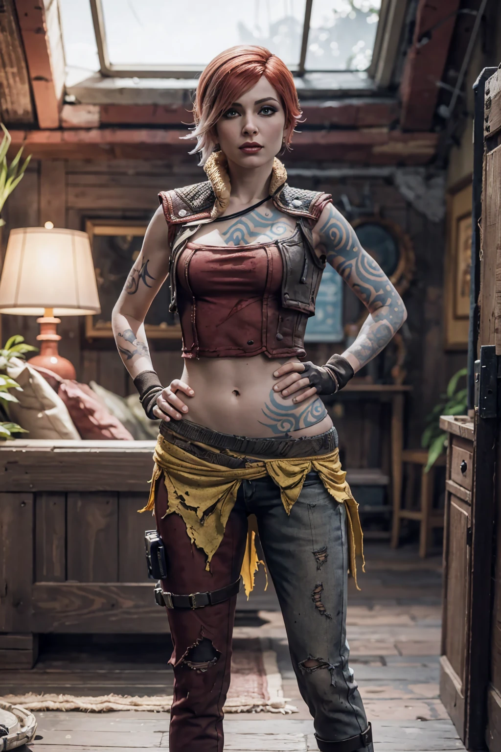 lilithbl2, tattoo, makeup, fingerless gloves, midriff, belt, crop top, vest, pants, torn clothes, looking at viewer, standing, cozy living room, lamp, soft lighting, high quality, masterpiece, ((hyperrealism:1.2)), 50y/o, skinny, attractive face, legs, hands on hips, 