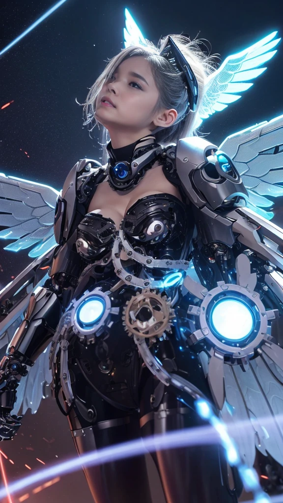 Top quality、masterpiece、Ultra-high resolution、(Photorealistic:1.4)、RAW photos、1 girl、Blonde hair、Glowing skin、(1. Angel)、闪亮Angel圈、((Ultra-realistic details))、porch、Global Illumination、shadow、Octan Rendering、8K、Super sharp、huge 、Bare skin is exposed in the cleavage、Metal、Intricate decorative details、Steampunk details、Vacuum tube、Nixie Kan、Oil pressure gauge、Glass Kalog Meter、gear wheel、gear、Hydraulic Cylinders、Extremely complex details、Realistic lighting、Purple Eyes、Radiant eyes、Facing the camera、Neon light details、Mechanical limbs、Blood vessels connected to tubular mechanical vertebrae connected to the back、Mechanical cervical fixator、Sit on it、Wires and cables to the head、Small LED lights、Sumerian details、