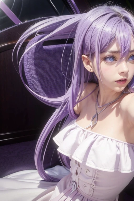 8K, Alta definición,3D, masterpiece ,1 girl,silk ,purple hair,  long hair , lilac eyes,lilac eyes,large breasts,  white dress,muslos grandes, lilac glass sneakers.. 