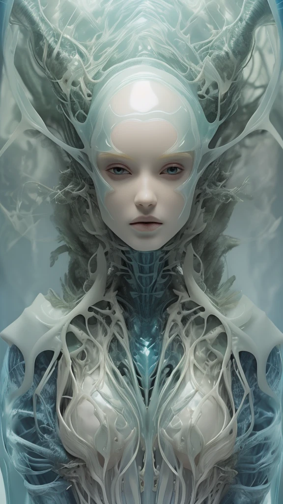 best quality,masterpiece,intricate details,1 girl,alone,for the audience,(whole body:1.4),(Light and ),background,bright,lips,alien android, background,alien,Transparent skull,(Organic helmets),A beautiful futuristic woman，with a futuristic head,Deep white and light aquamarine style,translucent skin,undefined anatomy,Weird placement of details,alien worlds,intricately carved,techno-punk,spine,Exoskeleton,colored skin,Upper body,Keep your mouth shut,,depth of field,ultra high definition,matte photos,bold yet elegant,complicated decoration,8K resolution,