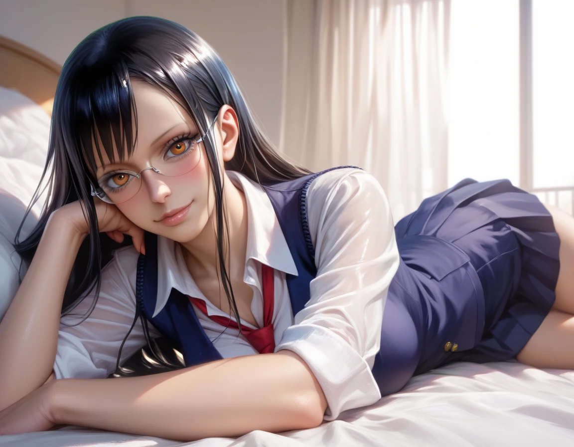 anime girl with glasses and a tie laying on a bed, seductive anime girl, anime moe artstyle, ecchi anime style, hinata hyuga, rumiko, hyperrealistic schoolgirl, beautiful alluring anime teen, !!wearing glasses!!, nico robin, full res, realistic schoolgirl, a hyperrealistic schoolgirl, nagatoro
