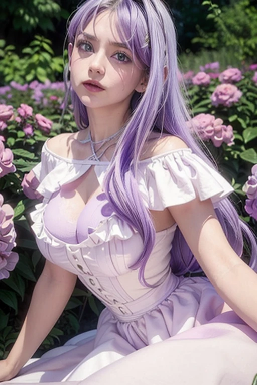 8K, Alta definición,3D, masterpiece ,1 girl,silk ,purple hair,  long hair , lilac eyes,lilac eyes,large breasts,  white dress,muslos grandes,In the garden..