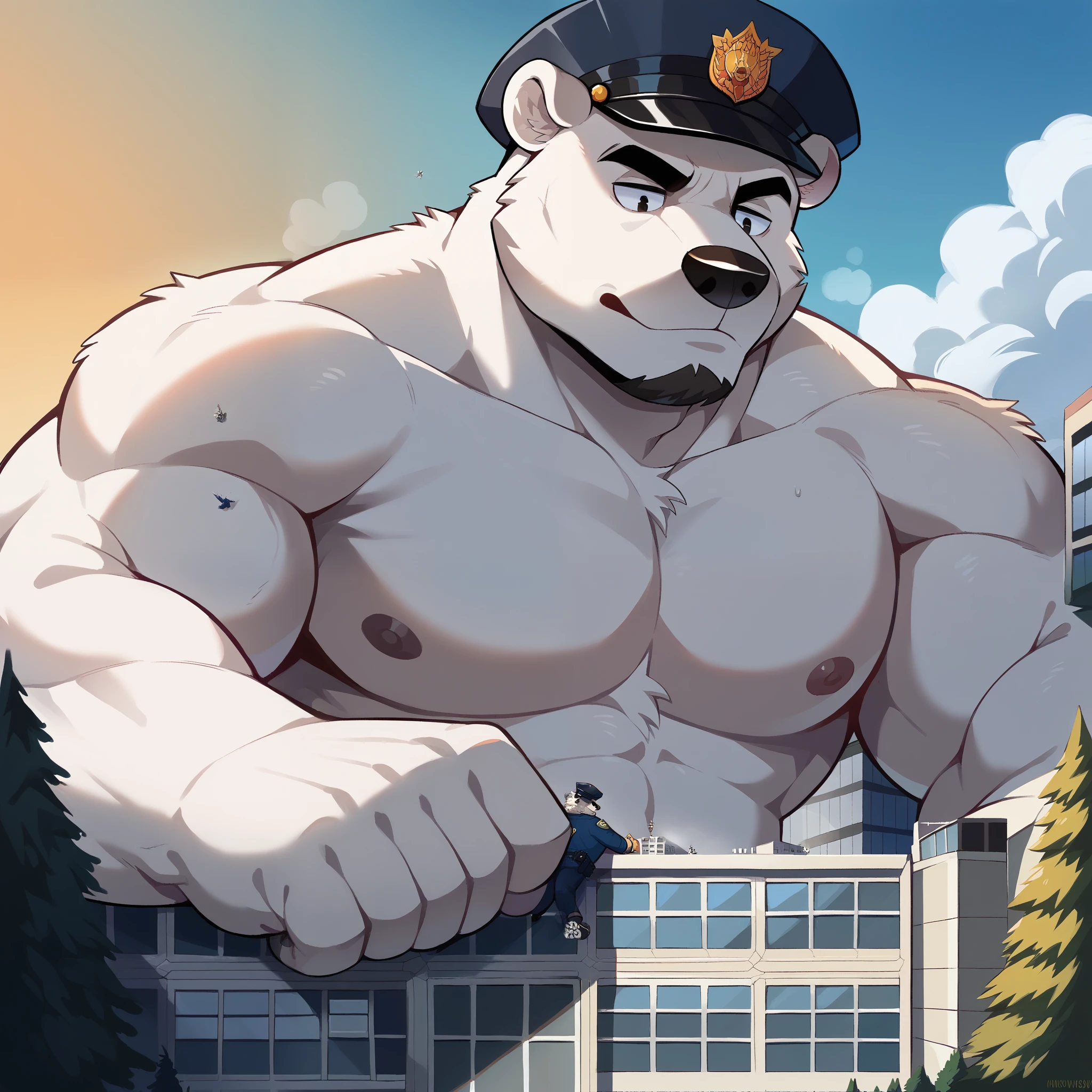 Gekritzel Golden polar bear,Humanity (polar bear),pummelig,(  black eyebrows  :1.1),(perfect eyes),golden fur，（artist:takemoto arashi），Living room background ，（collar:1.3），paw，（ Black beard :1.3），（police uniform:1.3），（Police hat in hand  :1.3）, (Massiv:3.0, (  heavyweight,stark,Macro, Emphasize, Is next to a building ))