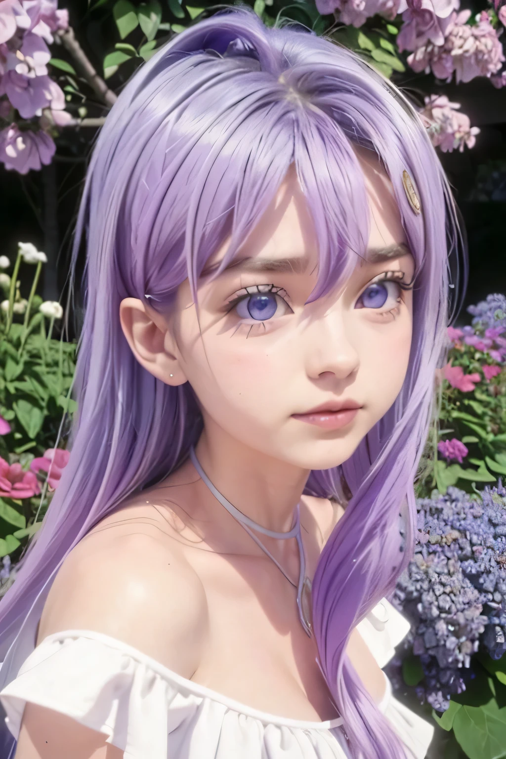 8K, Alta definición,3D, masterpiece ,1 girl,silk ,purple hair,  long hair , lilac eyes,lilac eyes,large breasts,  white dress,muslos grandes,In the garden..