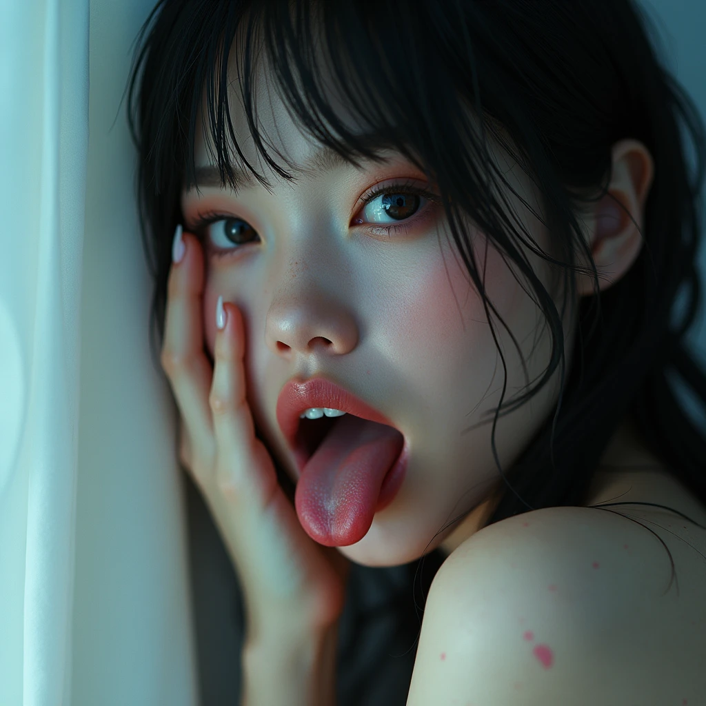 (1girl), (sticking out her tongue out), (tongue), ultra high res, photorealistic, best quality, 8k resolution, masterpiece, (eye roll), beautiful slender Young Japanese girl, ((close up face view)), (ahegao), crossed eyes, eye roll, (drooling profusely), Realistic skin texture, Few moderate moles, head tilt, oh face, Open your mouth wide, Tongue sticking out, long tongue, Ecstasy, Face up, ecstatic look, nsfw, eyes roll back, eyes up, flushing face, disheveled hair, classroom, highly detailed, sharp focus