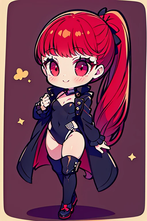 maximum quality, kasumi yoshizawa (from persona 5), chibi, thin, full body, smile, black leotard and coat, halloween,pony tail, mask, long boots