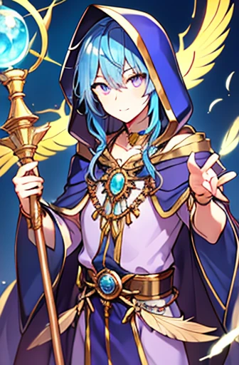 1male, blue and purple robe, gold jewerly, hood, feathers, blue feather cape, magic staff, blue and purple magic, magic background, glowing purple eyes, tzeentch cultist, psionic magic, blue hair, magic eyes, high detail, ultra detail, high res, casting a spell, boy, 