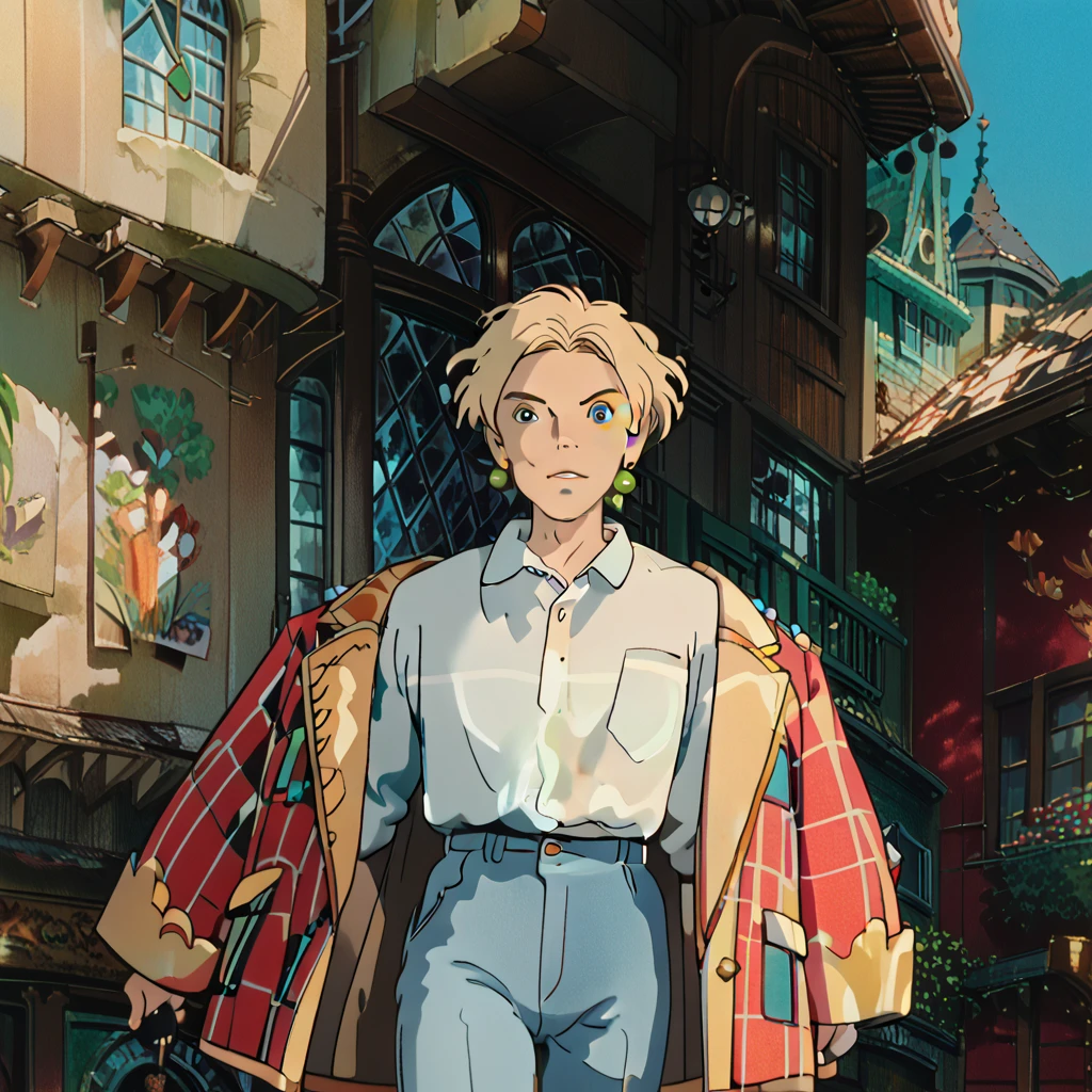 howl from howls moving castle, 1male, blonde hair, green earrings, red and blue checkered coat with golden rims, white shirt, blue jeans, blue eyes, handsome, manwha