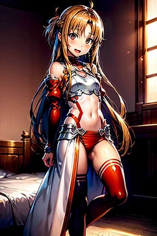 ((Best Quality)), ((masterpiece)), (be familiar with),  perfect face, indoor, bedroom,  watching viewers,
One woman, Yuuki Asuna,
 characters with open mouth ,  ecstatic expression , blush, smile,
Small breasts,  flat chest, , ,  kids, Girl,
Long Hair,  long hair,
Leg spread,