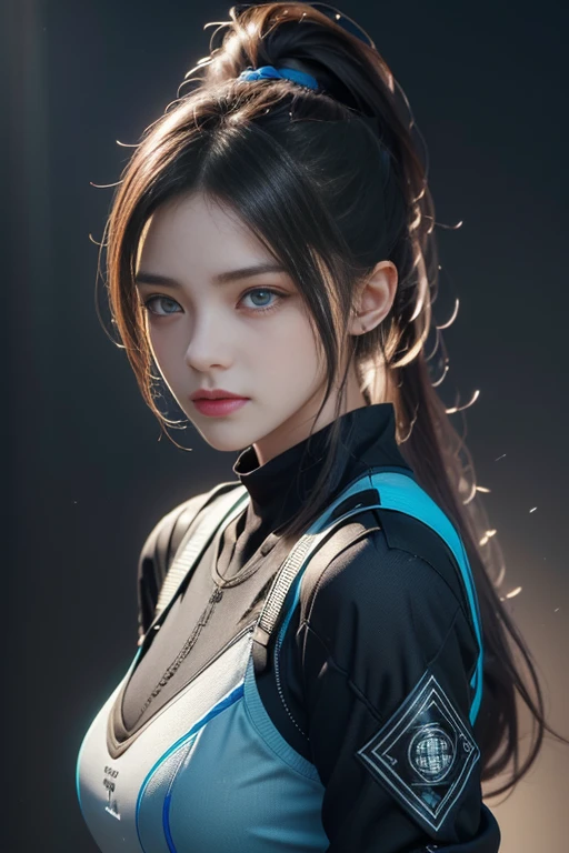 Game Art，Highest quality，  highest resolution  ，8k，((Bust photo))，((Portraiture))，(3-part construction )，  Unreal Engine 5 Rendering ， ( Future Girl)，( Female Warrior)， 22 year old girl，(Long ponytail hairstyle in red and blue shades)，( Beautiful Eyes and Attention to Details )，(Big Breasts)，Elegant and attractive，smile，(Frowning)，(Clothes filled with futuristic sci-fi style，sweater， delicate pattern，Shining Jewels，armor)，  Cyberpunk Characters ，Futuristic Style， Photo pose，City Background， movie lighting ， ray tracing，Game CG，((3d unreal engine))， Reflection pattern rendering