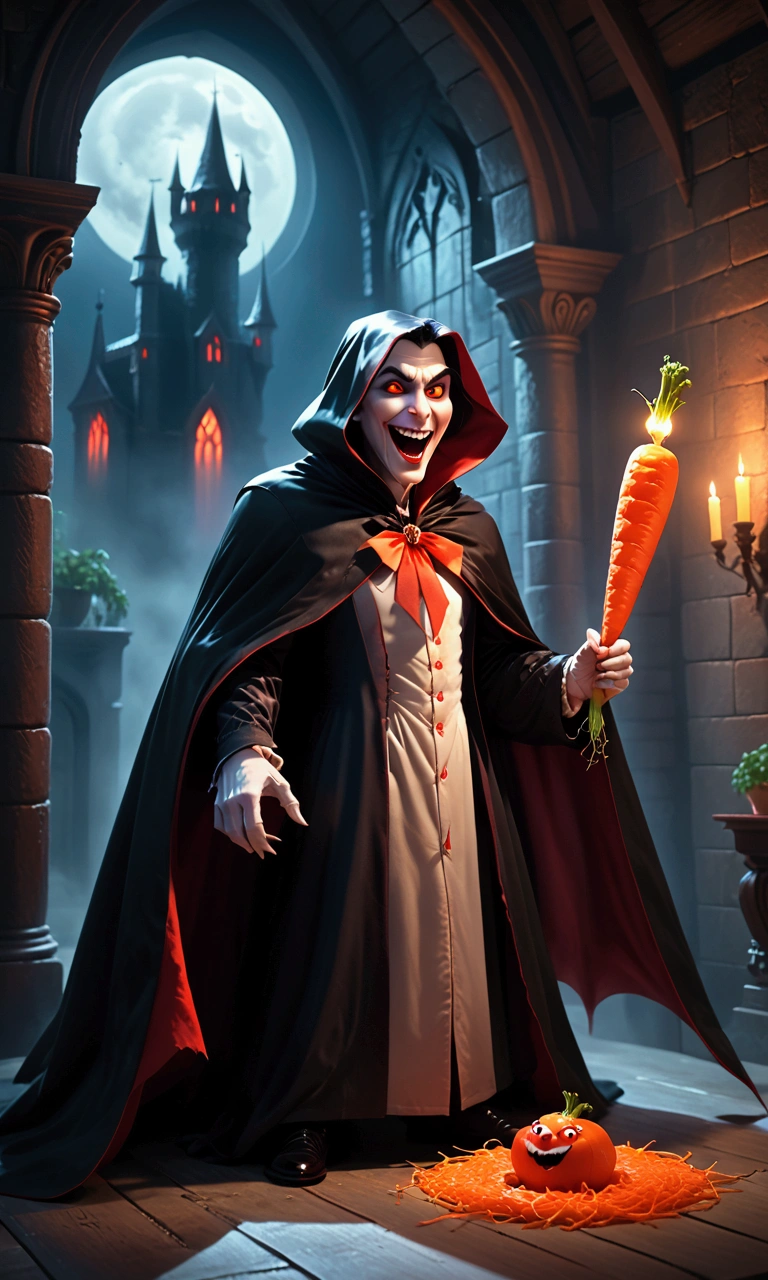 (Pixar, cartoonish) Dracula carrot (carrot main body, huge fanged mouth, evil red glowing eyes, traditional Dracula, cloak) unfurls his cloak and terrorizes a carrot fem fatale in her castle bedroom
