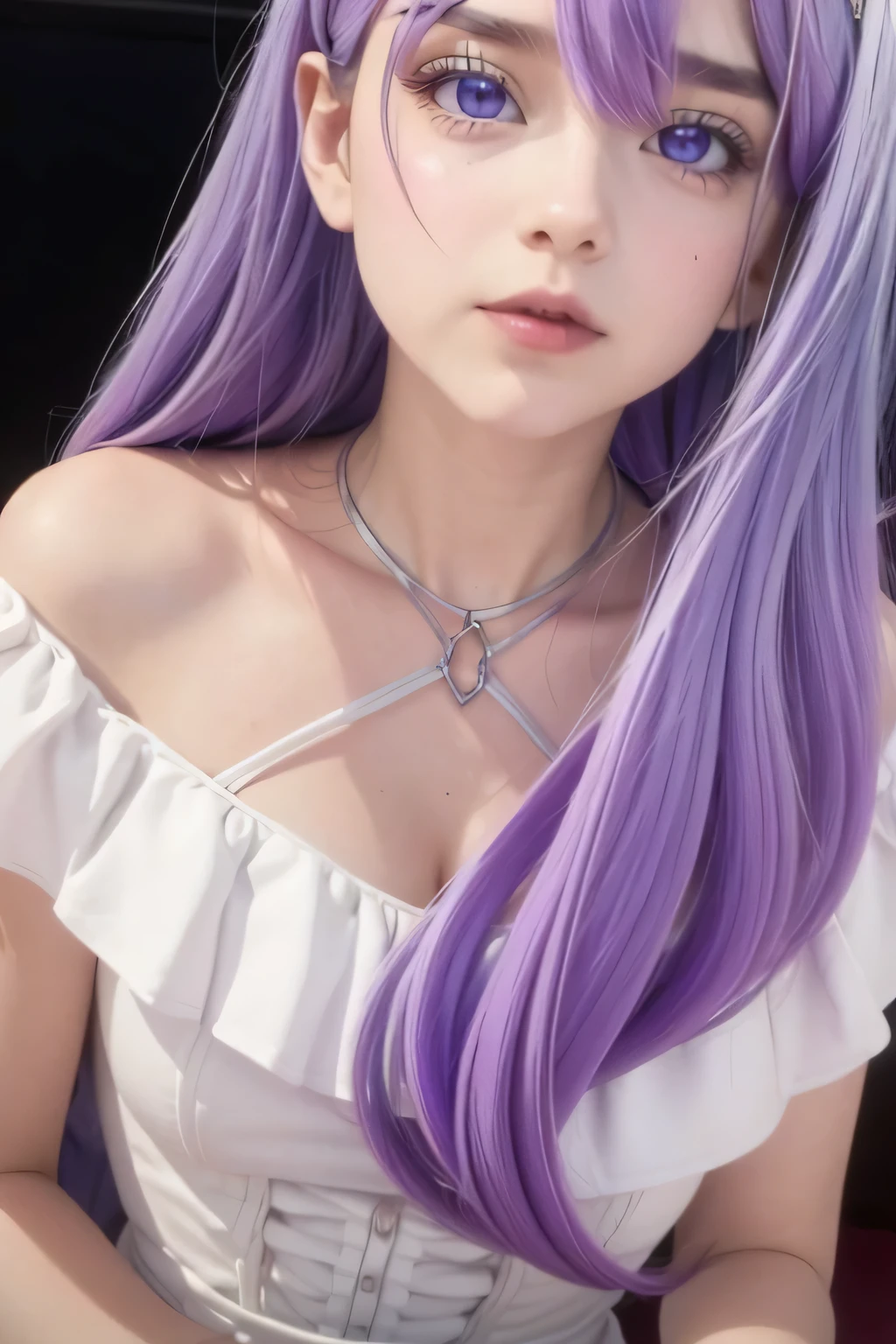 8K, Alta definición,3D, masterpiece ,1 girl,silk ,purple hair,  long hair , purple eyes,neckline,large breasts,  white dress..