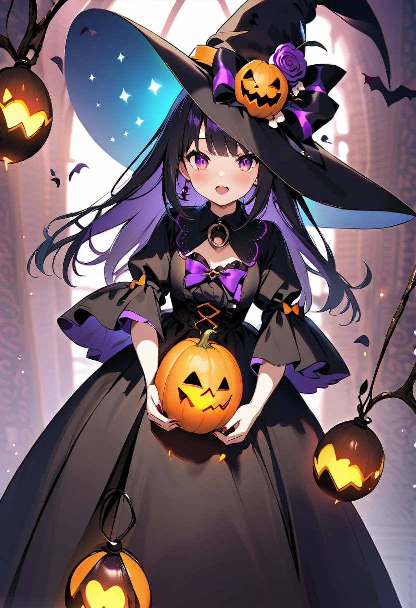black hair, purple eyes, human girl, wear Halloween costumes, eating candy