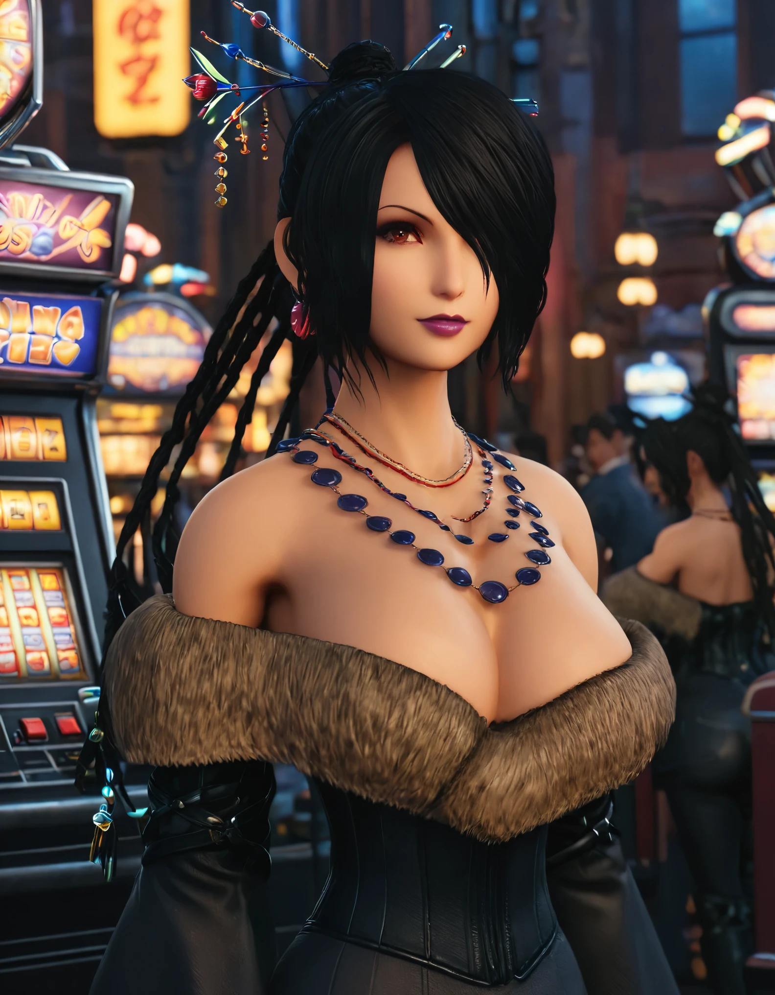 Ultra-upscaled image, Lulu, Female Character 3D model, flawless, pristine, Best_QualityPos, Amazingly-realistic 3D Character-render of Lulu, remastered best-quality definitive masterpiece realism exact photo of mature MILF Lulu (Final Fantasy X), half body, portrait, night city, casino, 1 sexy mature woman, strapless playboy leotard with garter strap, black hair, fake bunny ears on a headband, realistic, true 3D, realistic, busty girl, sexy feminine face, cute face, beauty, beautiful, futuristic casino setting, slot machines, neon lights, Las Vegas casino, holding one stuffed moogle doll, smooth skin, illustration, artstation, art by stanley lau and artgerm, sideways glance, foreshortening, extremely detailed 8K, smooth, high resolution, ultra quality, highly-detailed eyes, highly detail mouth, highly detailed face, perfect eyes, both eyes are the same, true light, glare, slightly-Iridescent eyes, realistic light, real shadow, real face, hd, 8k, 16k, realistic light, realistic shadow, pretty eyes, latest graphics, unreal engine 5, Altas's latest graphics engine, 3D Graphics Resolution: 100%, Anti-aliasing, High Texture Filtering, high Shadow Quality, High Model LOD, Bloom Effect, High Character Texture Quality, Ambient Occlusion, Pre-compiled Shaders, true depth, Best focus, HDR, Realtime, UHD upscaling, Ultra HD, 1440p Ultra, hyper-realism, absurdres, highly-focused character, Character as set subject and focal point, subsurface light-scattering, smooth lighting, there is a woman in a costume posing on the street, glamorous, seductive portrait, skintight black leotard, Lulu portrait, ultra realistic picture, high-complexity, beautiful eyes, realistic skin, attention-to-detail, very-detailed rendering, very-detailed realistic render, highly-detailed eyes, slightly brown-red eyes, PS5 Pro, excellence, HD remaster, HD restoration, sultry expression, attractive woman, sexy body, huge breasts, score 8 and up, score 9 and up, score 7 and up, score 10, AAA, skindentation