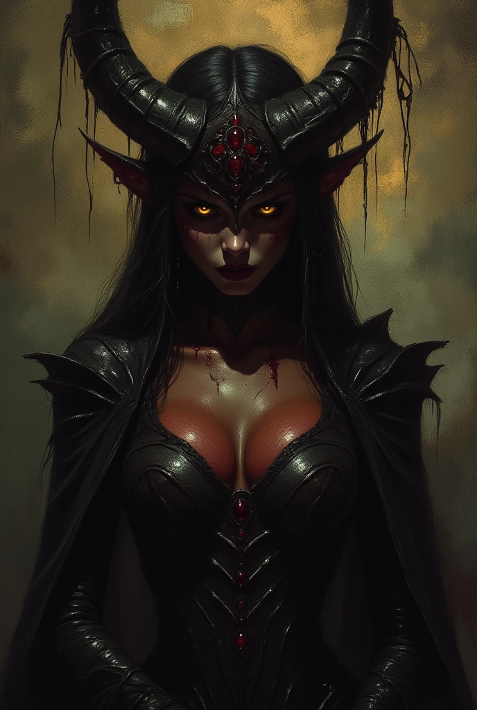 Gloomy, creepy horror, something out of this world. (Female Succubus-demon of lust and debauchery), evil but beautiful face, glossy dark cherry-yellow hellish look, scary-beautiful expressive look in the style of Frank Frazetta, Aykut Aydogdu, Pino Daeni, Charlie Bowett, Albert Joseph Peno, Ray Caesar, Tetsuya Ishida. Zdzislaw Beksinski. masterpiece. Best quality. Beautiful cinematic impressionistic painting in the style fairytale background) (Minimalism: 1), original details. Ashley Wood style. Stephen Gammell.
