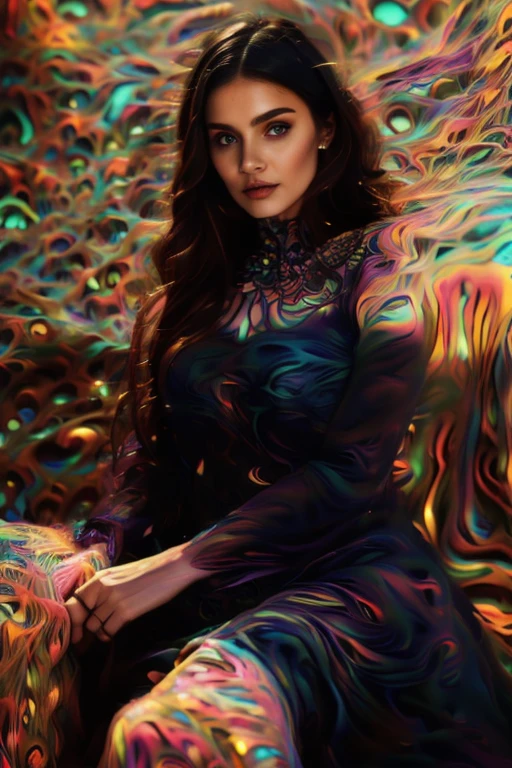 An image of a beautiful woman emerging from colors and a lot of lights, psychedelic dream, Beautiful woman morphing out of the colors, trippy vibrant colors, perfectly formed beautiful eyes, attention to detail on the eyes, woman is looking at the viewer, beautiful psychedelic digital art, trippy colors, 4d mandelbulb psychedelics, psychedelic landscape, intricate rainbow environment, psychedelic forest, psychedelic colors, psychedelic neon women psychedelic clouds, psychedelic trip, fluorescent psychedelic aesthetic, psychedelic vibrant colors, bright psychedelic neon colors, kaleidoscope patterns of color in the background, paint splattered backgrounds,swirling spirals and vortex