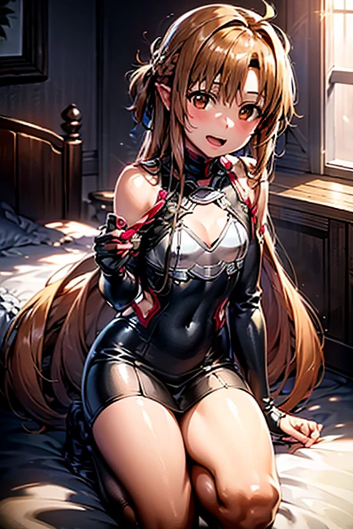 ((Best Quality)), ((masterpiece)), (be familiar with),  perfect face, indoor, bedroom,  watching viewers,
One woman, Yuuki Asuna,
 characters with open mouth ,  ecstatic expression , blush, smile,
Small breasts,  flat chest, , ,  kids, Girl,
Long Hair,  long hair,
Leg spread,