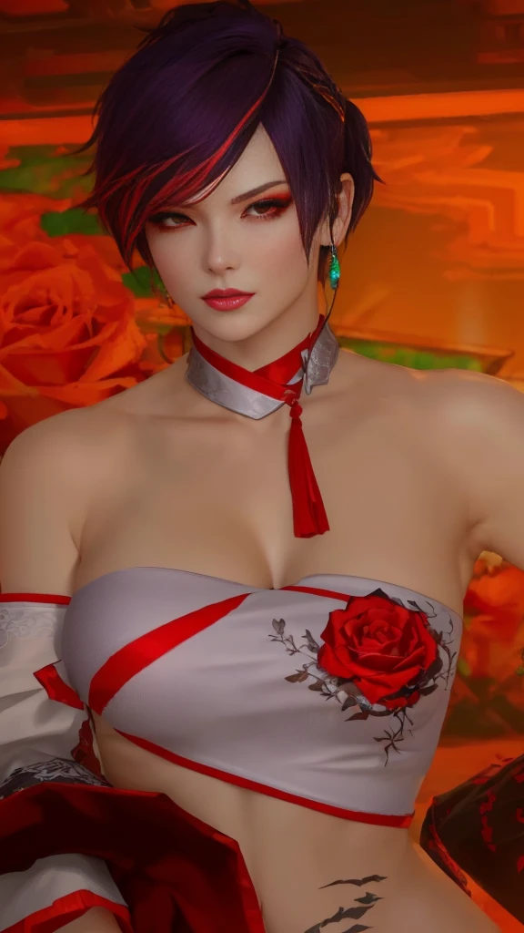 there is a woman with tank top and a red rose ornament on her chest, full body!! maximalist details, wearing a sexy cropped top, close up half body shot, cyberpunk style outfit, cinematic outfit photo, jrpg fashion, full body close-up shot, fantasy outfit, red-purple hair color, short hair, red eye shadow makeup, close up half body shot, full body close-up shot, upper body close up, scales on her chest, heavy gesture style closeup, upper body close - up, detailed upper body, scales covering her chest, highly detailed upper body, full body shot close up, high texture detail), intriguing details, female roegadyn from Final Fantasy 14, (best quality), (best shade), ((erotic, Sexy), ultra high resolution, HD CG unified 8K wallpaper, Physically based rendering, movie lighting),