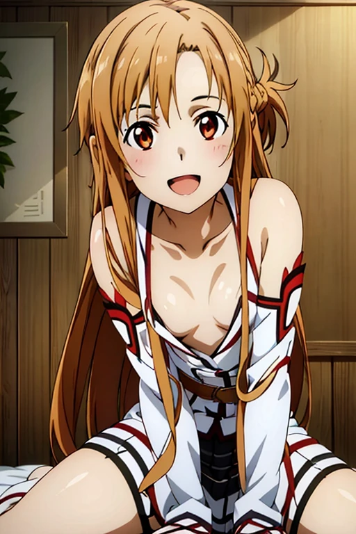 ((Best Quality)), ((masterpiece)), (be familiar with),  perfect face, indoor, bedroom,  watching viewers,
One woman, Yuuki Asuna,
 characters with open mouth ,  ecstatic expression , blush, smile,
Small breasts,  flat chest, , ,  kids, Girl,
Long Hair,  long hair,
Leg spread,