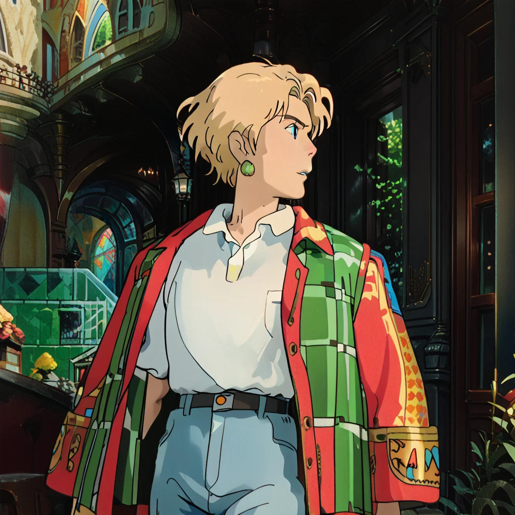 howl from howls moving castle, 1male, blonde hair, green earrings, red and blue checkered coat with golden rims, white shirt, blue jeans, blue eyes, handsome, manwha
