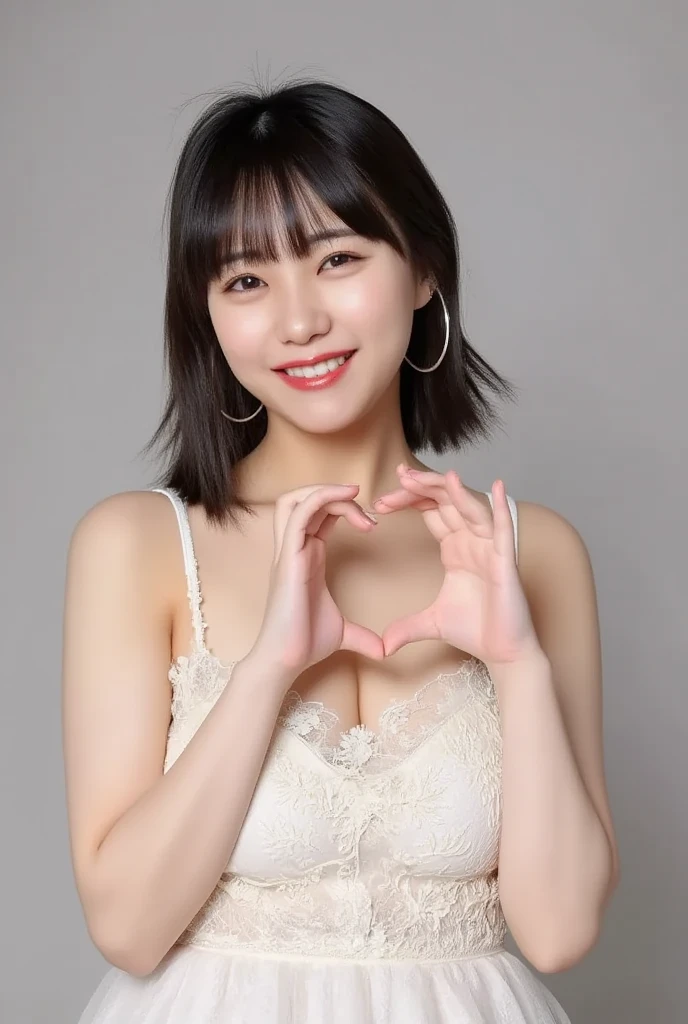 She is in a pose wearing a camisole, making a firm big heart shape with both hands, and holding it in front of her chest, View above collarbone、Throat up for a cute smile、Monotone background

