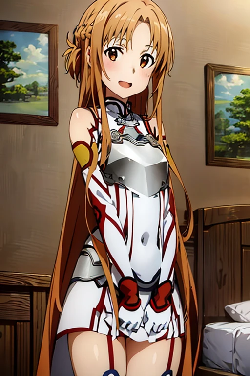 ((Best Quality)), ((masterpiece)), (be familiar with),  perfect face, indoor, bedroom,  watching viewers,
One woman, Yuuki Asuna,
 characters with open mouth ,  ecstatic expression , blush, smile,
Small breasts,  flat chest, , ,  kids, Girl,
Long Hair,  long hair,
Leg spread,