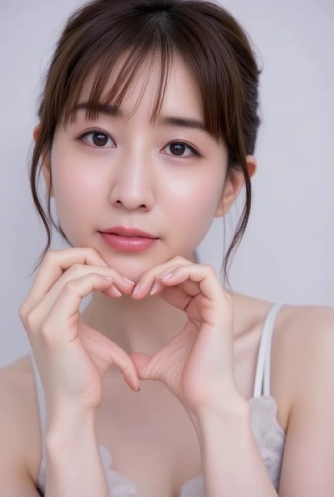 She is in a pose wearing a camisole, making a firm big heart shape with both hands, and holding it in front of her chest, View above collarbone、Throat up for a cute smile、Monotone background

