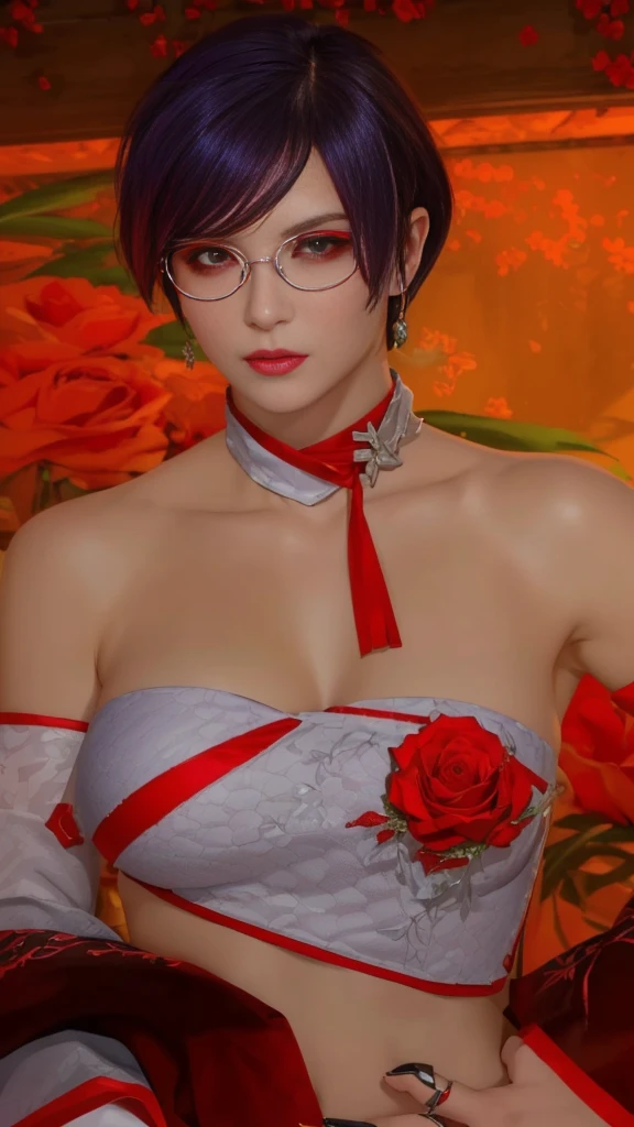 there is a woman with tank top and a red rose ornament on her chest, white glasses, full body!! maximalist details, wearing a sexy cropped top, close up half body shot, cyberpunk style outfit, cinematic outfit photo, jrpg fashion, full body close-up shot, fantasy outfit, red-purple hair color, short hair, red eye shadow makeup, close up half body shot, full body close-up shot, upper body close up, scales on her chest, heavy gesture style closeup, upper body close - up, detailed upper body, scales covering her chest, highly detailed upper body, full body shot close up, high texture detail), intriguing details, female roegadyn from Final Fantasy 14, (best quality), (best shade), ((erotic, Sexy), ultra high resolution, HD CG unified 8K wallpaper, Physically based rendering, movie lighting),