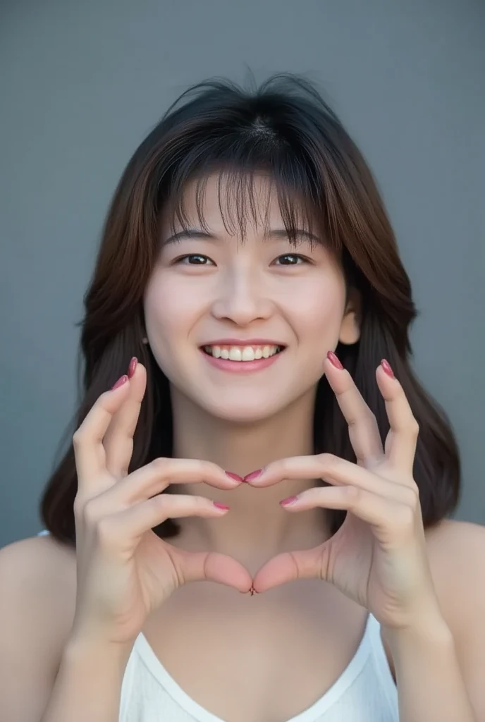 She is in a pose wearing a camisole, making a firm big heart shape with both hands, and holding it in front of her chest, View above collarbone、Throat up for a cute smile、Monotone background

