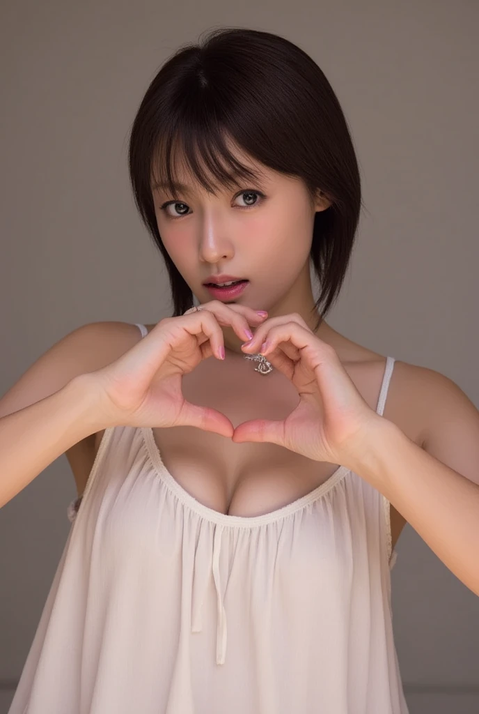 She is in a pose wearing a camisole, making a firm big heart shape with both hands, and holding it in front of her chest, View above collarbone、Throat up for a cute smile、Monotone background

