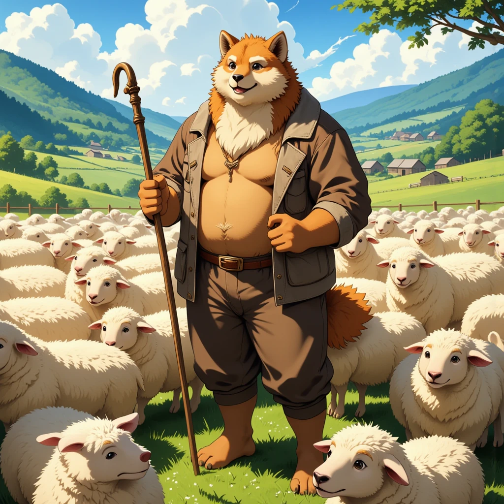 character focus, full body, looking away, dynamic angle, shepherd, middle-aged akita inu man, happy, light smile, costume clothes, shirt, pants, pastoral stick, a flock of sheep, detailed painting landscape, afternoon, sheep farm, outdoor, BREAK full body in Michelangelo Buonarroti style, housamo style, digital illustration anime, BREAK complete anatomy, perfect proportions, beautiful thigh gap, fluffy body, intricate fur details, beautiful fur texture, BREAK a detailed akita inu 1tail, detailed toe, 5toes, 5toes nails, beautiful foot, detailed hands, 5fingers, 5fingers nails, BREAK aesthetic anime face, insanity detailed face, male face, big face, square jawline, aesthetic anime eyes, detailed brown eyes, detailed brown cornea, detailed dark brown irises, detailed pupils, male eyes, big eyes, male eyebrows, innocent look, beautiful beard, BREAK masterpiece, official art, best quality, very aesthetic, absurdres, super fine illustration, great quality, BREAK noise reduction, very highres, large filesize, high quality, 32K, 8k wallpaper, dynamic lighting, BREAK insanity detailed, ultra detailed, intricate details, extremely detailed, detailed texture, an extremely delicate and beautiful, full color, HDR, BREAK e621 illustration, osukemo, kemohomo, anthropomorphic, furry, cartoon, harmonious eyes, pastoral face, virtuous body, epic atmosphere 