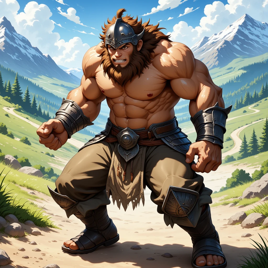 barbarian, a musclegut older-aged larger male, full body in Michelangelo Buonarroti style, housamo style, digital illustration anime, character focus, full body, looking away, dynamic angle, niji5, BREAK costume clothes, armor, helme, pants, boots, standing, fighting pose, dynamic pose, painting landscape, snow mountain, path outdoor, full color, HDR, BREAK manly, tan skin, messy hair, complete anatomy, perfect proportions, beautiful thigh gap, BREAK detailed boots, detailed foot, detailed hands, 5fingers, 5fingers nails, BREAK intense face, anime face, insanity detailed face, male face, big face, strong jawline, anime eyes, detailed brown eyes, detailed brown cornea, detailed dark brown irises, detailed pupils, male eyes, male eyebrows, beautiful beard, BREAK masterpiece, official art, best quality, very aesthetic, absurdres, super fine illustration, great quality, BREAK noise reduction, very highres, large filesize, high quality, 32K, 8k wallpaper, dynamic lighting, BREAK insanity detailed, ultra detailed, intricate details, extremely detailed, detailed texture, an extremely delicate and beautiful, BREAK harmonious body, pastoral face, virtuous eyes, epic atmosphere