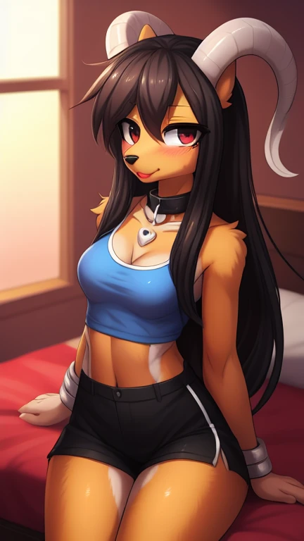 By zinfyu,von twistedscarlet60, uploaded to pixiv, von fluff-kevlar, (masterpiece), ( best quality), (solo female:1.2), ( huge thigh :1.3),(detailed eye, black circle on the eye, black eye),  dog monster , Pokémon, Pokémon houndoom, canine, hourglass_Body, slim,  use lipstick , Red lips,has haar pony, haar pony,  black hair,  long hair,  show in viewer ,  medium sized chest , focus on face, in the bedroom,  beautiful eyebrow , soft eyebrow ,  shy , Blush,  wears black collar ,  with tank top , tight clothes,  close view , Close to the camera, cum on face