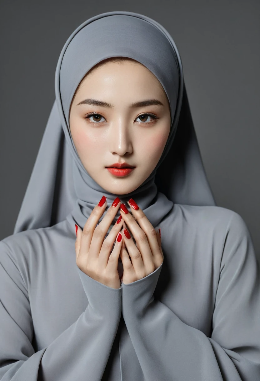 Raw photo, 300 dpi, realistic photo portrait, masterpiece, 8k, UHD, Korean muslim woman portrait photo, 20 years old, beautiful clean skin, a famous photo model, upper body, wearing long hijab and modern abaya, very detailed fingers, beautiful red nails, (very detailed skin: 1.2), 20 megapixels, canon eos r3, detailed body, detailed face