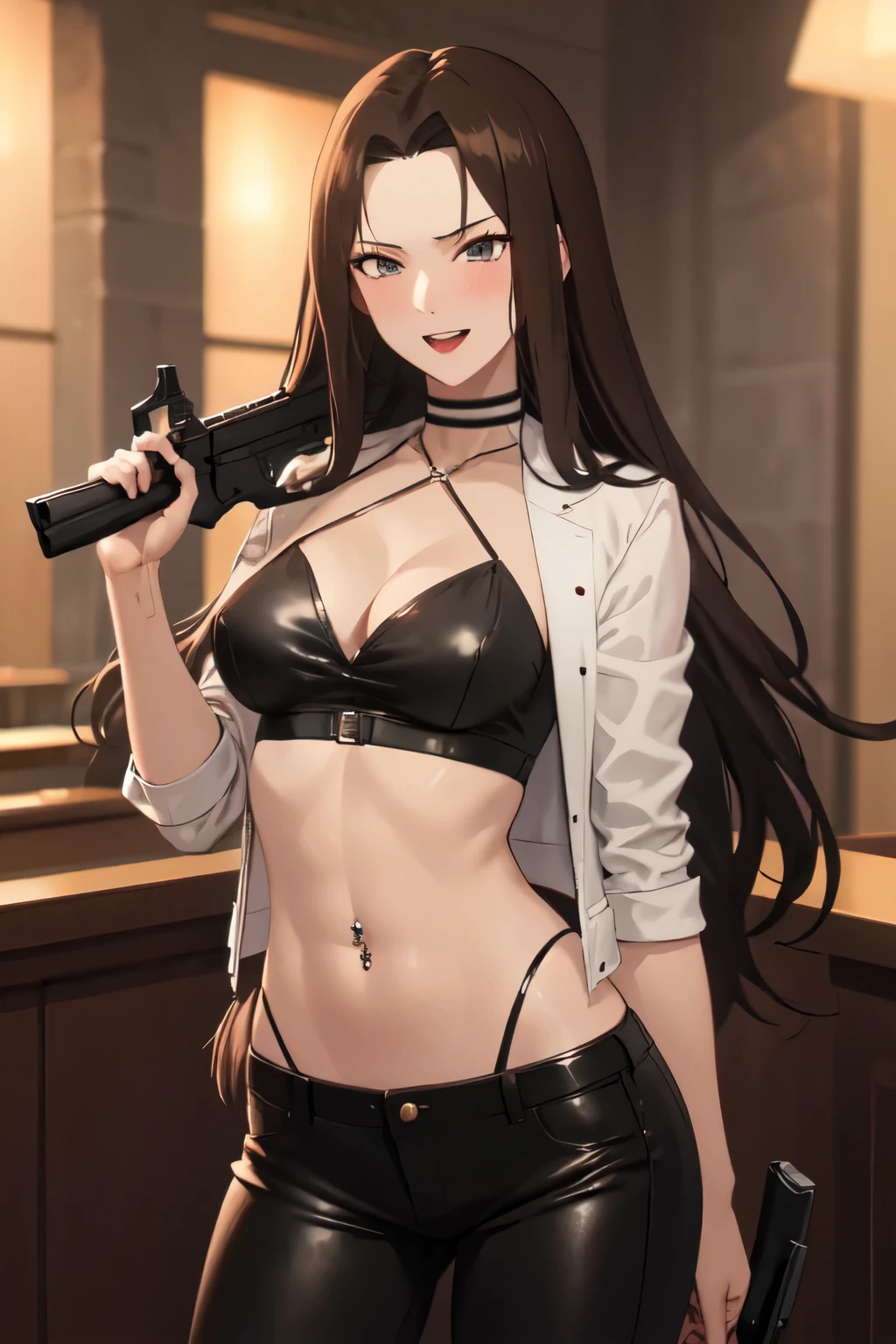 (safe:1.10), best quality, masterpiece, highres, solo, (methode_sousounofrieren:1.10),  anime_style, 23, black hair, long hair, blush, lipstick, Hot girl, baddie, staring, glaring, bad attitude, mean girl, crazy, smoking, sensual, attractive, bar background, inside bar, masterpiece, best quality, highly detailed, a girls with a gun, evil smile , open mouth, sexy gaze, badass pose , evil smile, smile, (nsfw) not safe for work, guns blazing, anime girl with long hair, beautiful long haired girl, navel, evil expression, exposed belly, exposed navel, exposed midriff, exposed lower belly, long black pants, crop top, cleavage, unbuttoned leather pants ,open fly, low rise black leather pants, leather jacket, holding a gun, holding pistol, navel piercing