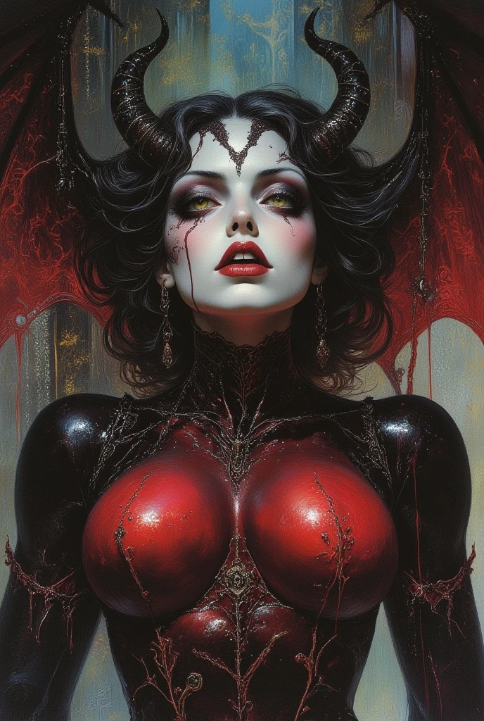 Dark, creepy horror. (Female Succubus Demon of Lust and Debauchery) evil but beautiful face, glossy dark cherry yellow hellish look, scary beautiful expressive look in the style of Frank Frazetta, Aykut Aydogdu, Pino Daeni, Charlie Bowett, Albert Joseph Peno, Ray Caesar , Tetsuya Ishida. Zdzislaw Beksinski. masterpiece. Best quality.
Beautiful cinematic impressionistic painting in the style of a fairytale background (Minimalism: 1), original details. Ashley Wood style. Stephen Gammell.