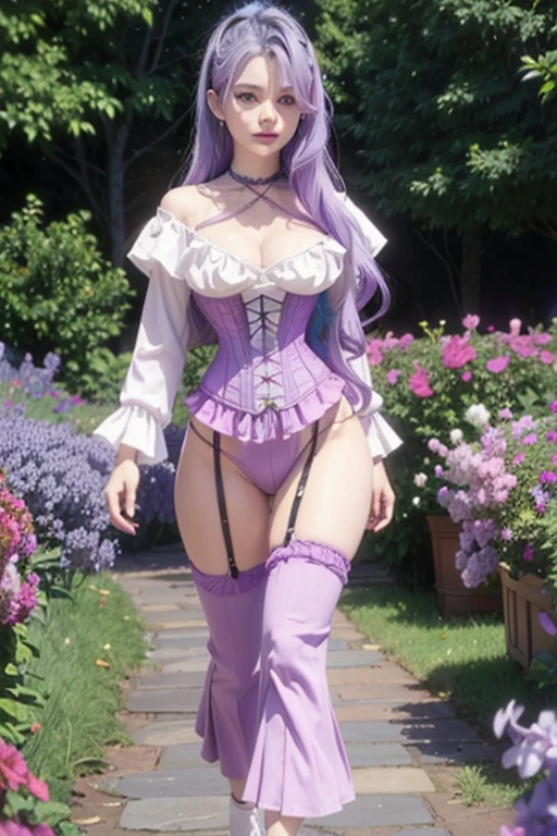 8K, Alta definición,3D, masterpiece ,1 girl,silk ,purple hair,  long hair , lilac eyes,lilac eyes,large breasts,neckline,corset blanco,stupid,muslos grandes, walking in the garden....