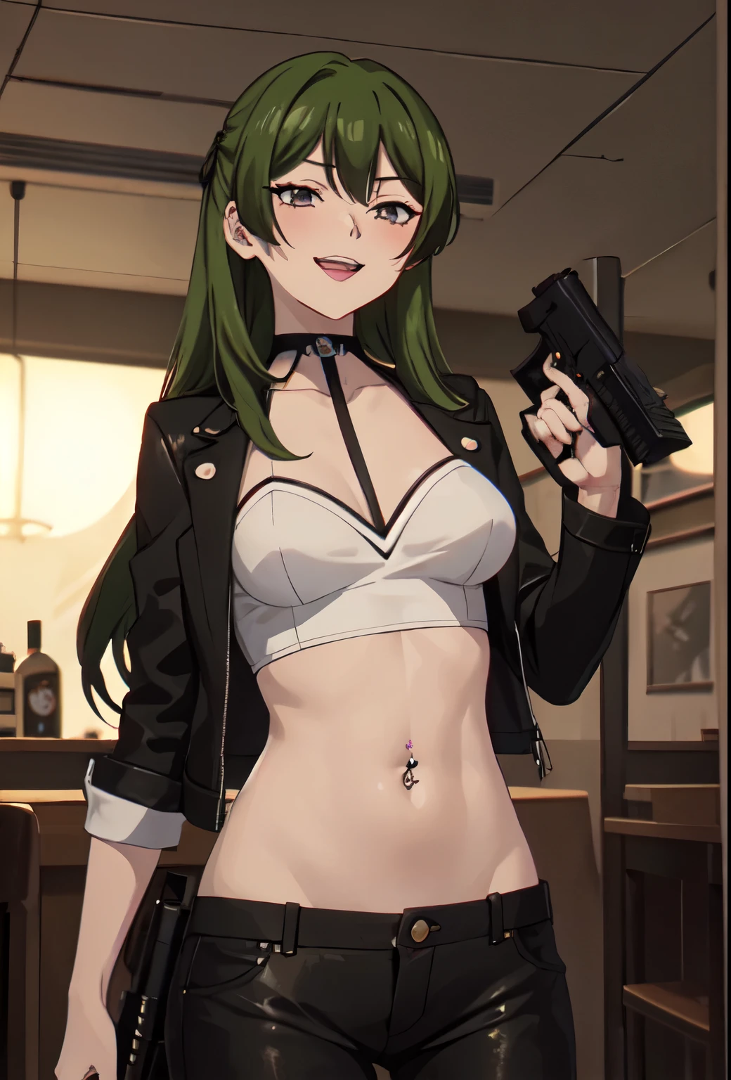 (safe:1.10), best quality, masterpiece, highres, solo, (ubel_sousounofrieren:1.10), anime_style, 15 , black hair, long hair, blush, lipstick, Hot girl, baddie, staring, glaring, bad attitude, mean girl, crazy, smoking, sensual, attractive, bar background, inside bar, masterpiece, best quality, highly detailed, a girls with a gun, evil smile , open mouth, sexy gaze, badass pose , evil smile, smile, (nsfw) not safe for work, guns blazing, anime girl with long hair, beautiful long haired girl, navel, evil expression, exposed belly, exposed navel, exposed midriff, exposed lower belly, long black pants, crop top, cleavage, unbuttoned leather pants ,open fly, low rise black leather pants, leather jacket, holding a gun, holding pistol, navel piercing