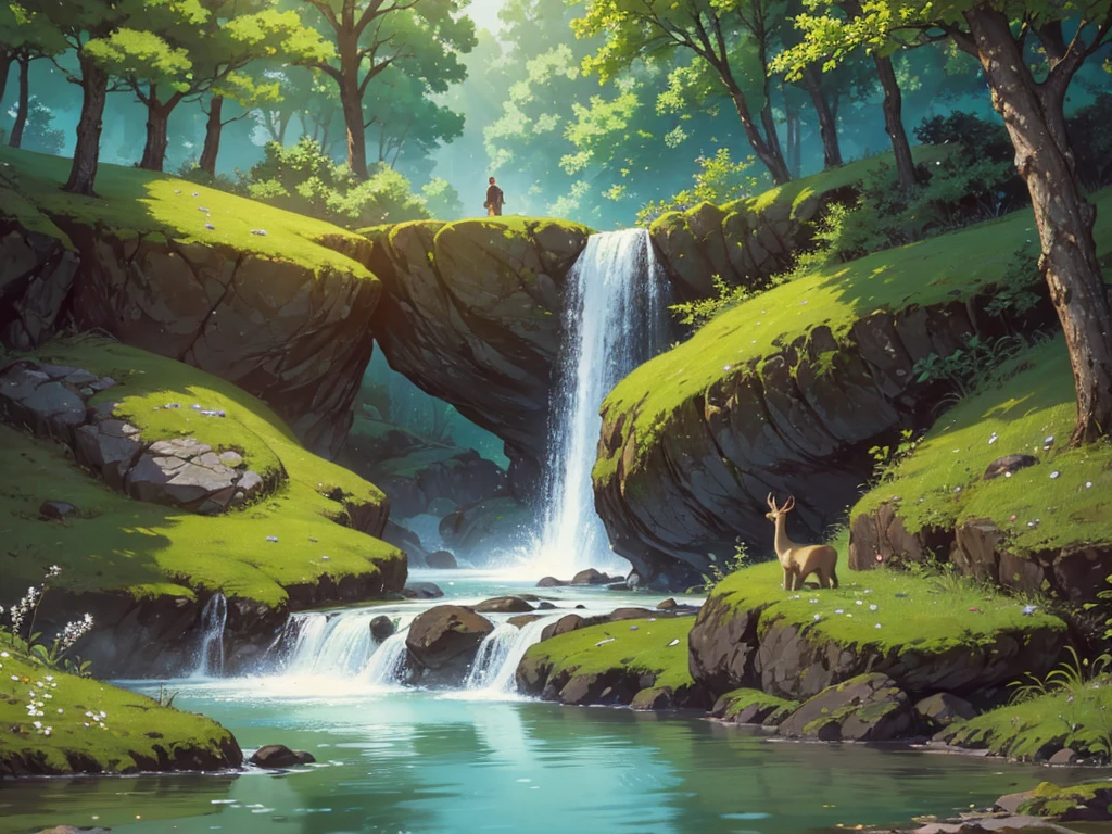 Chinese ancient, spring, Dense forest, lake, cave, waterfall, wood, Pasture, rock, deer, hot spring, water vapor, (figure: 1.0), A magnificent composition, Realistic lighting, HD detailed, masterpiece, highest quality, (Highly detailed CG synthesis 8k wallpaper