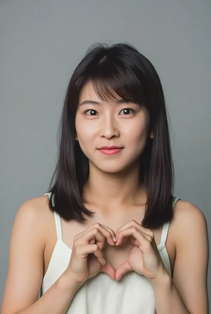 She is in a pose wearing a camisole, making a firm big heart shape with both hands, and holding it in front of her chest, View above collarbone、Throat up for a cute smile、Monotone background

