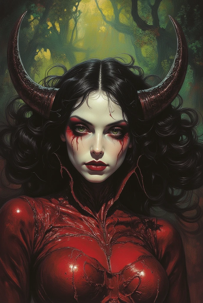 Dark, creepy horror. (Female Succubus Demon of Lust and Debauchery) evil but beautiful face, glossy dark cherry yellow hellish look, scary beautiful expressive look in the style of Frank Frazetta, Aykut Aydogdu, Pino Daeni, Charlie Bowett, Albert Joseph Peno, Ray Caesar , Tetsuya Ishida. Zdzislaw Beksinski. masterpiece. Best quality.
Beautiful cinematic impressionistic painting in the style of a fairytale background (Minimalism: 1), original details. Ashley Wood style. Stephen Gammell.