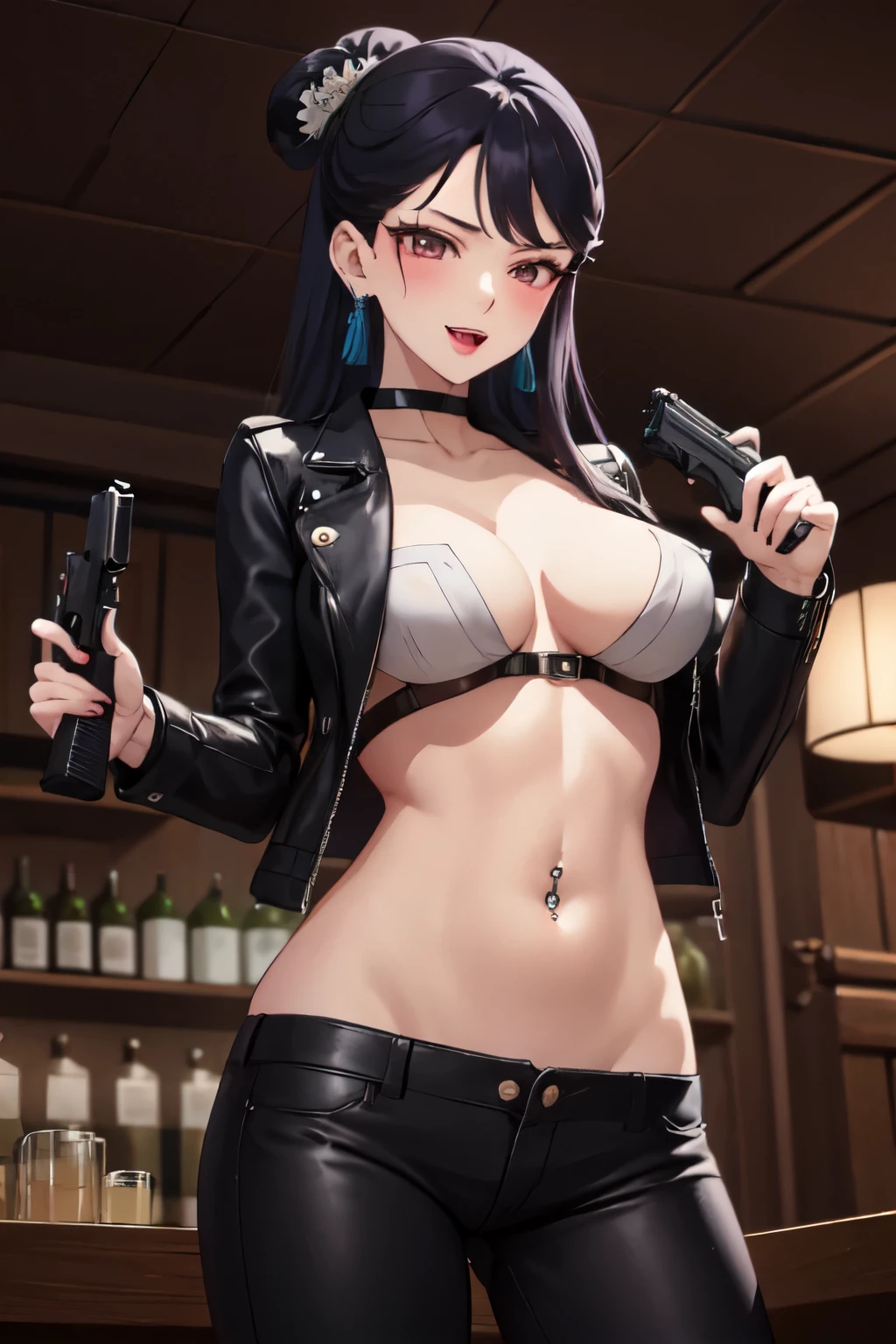 (safe:1.10), best quality, masterpiece, highres, solo, (lihua_theapothecarydiaries:1.10), anime_style, 21 , black hair, long hair, blush, lipstick, Hot girl, baddie, staring, glaring, bad attitude, mean girl, crazy, smoking, sensual, attractive, bar background, inside bar, masterpiece, best quality, highly detailed, a girls with a gun, evil smile , open mouth, sexy gaze, badass pose , evil smile, smile, (nsfw) not safe for work, guns blazing, anime girl with long hair, beautiful long haired girl, navel, evil expression, exposed belly, exposed navel, exposed midriff, exposed lower belly, long black pants, crop top, cleavage, unbuttoned leather pants ,open fly, low rise black leather pants, leather jacket, holding a gun, holding pistol, navel piercing