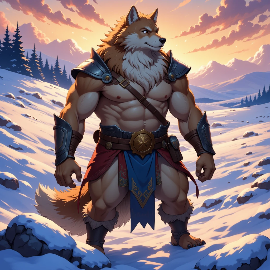 character focus, full body, looking away, dynamic angle, barbarian, a muscular middle-aged wolf man, full body in Michelangelo Buonarroti style, housamo style, digital illustration anime, BREAK costume clothes, brief, breast plate, helmet, dynamic pose, detailed painting landscape, evening, snow field, path, outdoor, full color, HDR, BREAK complete anatomy, perfect proportions, beautiful thigh gap, fluffy body, intricate fur details, beautiful fur texture, BREAK a detailed wolf 1tail, detailed toe, 5toes, 5toes nails, detailed foot, detailed hands, 5fingers, 5fingers nails, BREAK aesthetic anime face, insanity detailed face, male face, big face, square jawline, aesthetic anime eyes, detailed brown eyes, detailed brown cornea, detailed dark brown irises, detailed pupils, male eyes, big eyes, male eyebrows, innocent look, beautiful beard, BREAK masterpiece, official art, best quality, very aesthetic, absurdres, super fine illustration, great quality, BREAK noise reduction, very highres, large filesize, high quality, 32K, 8k wallpaper, dynamic lighting, insanity detailed, ultra detailed, intricate details, extremely detailed, detailed texture, an extremely delicate and beautiful, BREAK e621 illustration, osukemo, kemohomo, anthropomorphic, furry, cartoon, harmonious body, pastoral face, virtuous eyes, epic atmosphere