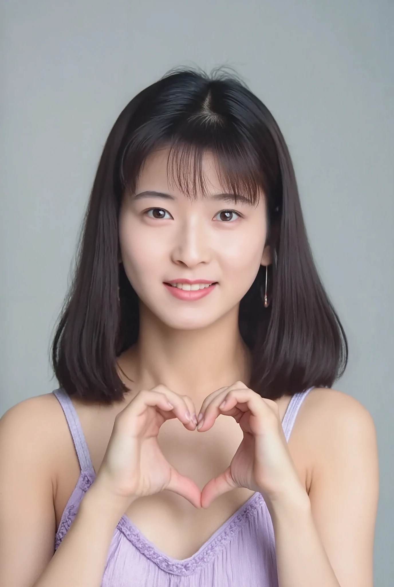 She is in a pose wearing a camisole, making a firm big heart shape with both hands, and holding it in front of her chest, View above collarbone、Throat up for a cute smile、Monotone background

